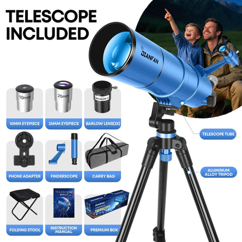 90mm Aperture Portable Telescope For Kids And Adults With 550mm Focal Length High Powered Astronomy Scope Beginner Friendly Includes Tripod Adapter Carry Bag And Folding Stool For Travel, shown with accessories like tripod and eyepieces.