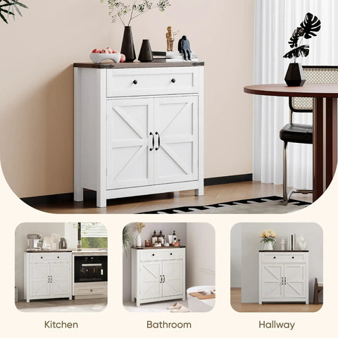 Farmhouse Style Sideboard Buffet Cabinet With Storage And Adjustable Shelf And Barn Door For Kitchen Dining Room Bathroom Entryway White With Ample Drawer And Two Door Cabinet To Organize Coffee Beans Spices And Everyday Essentials For Busy Kitchens