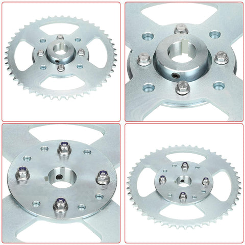 Go Kart Chain Sprocket Kit For 40 41 420 Chain, 48 Tooth Hub with 1 Inch Bore, Quarter Inch Keyway, various angles shown