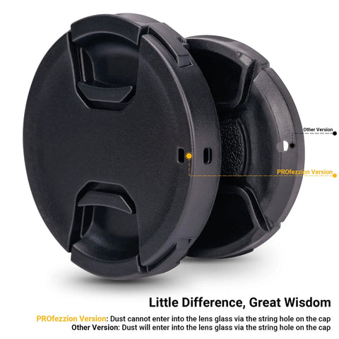 Two-Pack 49mm Front Lens Cap With Keeper For Canon R100 R50 R10 And RF-S Kit Lenses EF 50mm f1.8 RF-S 10-18mm f4.5-6.3 STM Sony 49mm Lenses Center-Pinch Cap Design Keeps Your Lens Safe And Prevents Cap Loss showing comparison between PROfezzion and other version with focus on dust prevention