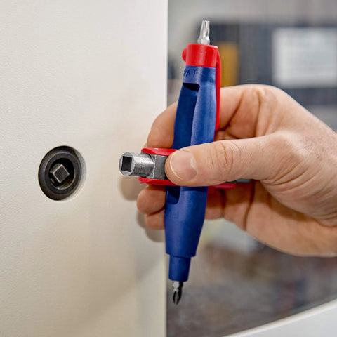Using Pen Style Control Cabinet Key with swivel four profile heads for shutoffs in building system installations.