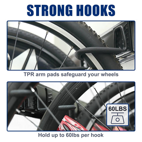 Strong hooks for wall mount bike storage rack for 5 bikes and 3 helmets, showing TPR arm pads and 60 lbs capacity per hook.