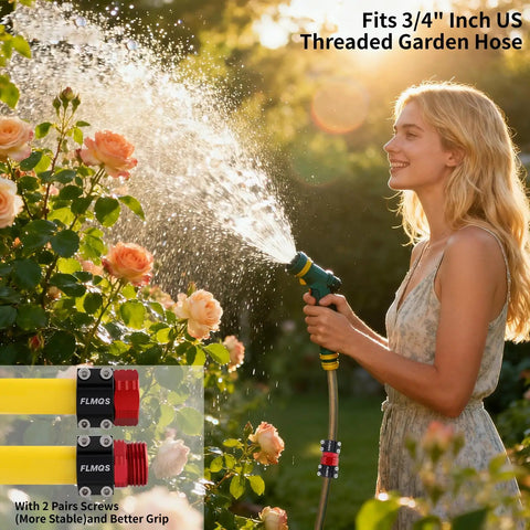 Woman using garden hose repair kit with aluminum connectors to water rose bushes, showing 3/4 inch US threaded garden hose.