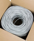 Open box showing Dope 500 Foot Cat6 Bulk Ethernet Cable 23 AWG CCA UTP Indoor Network Cable Gray for Fast LAN Setup Pull Box Spool.