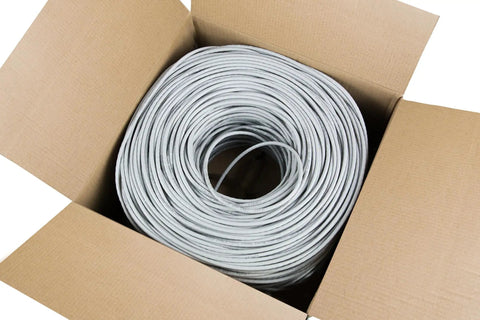 Open box showing Dope 500 Foot Cat6 Bulk Ethernet Cable 23 AWG CCA UTP Indoor Network Cable Gray for Fast LAN Setup Pull Box Spool.