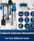 64 Inch All Metal Garage Tool Organizer Wall Mount Heavy Duty Tool Rack Holds 680 Lbs With Adjustable Hooks For Garage Yard And Garden Equipment Easy Access And Extra Storage For Cords Tools And Accessories, shown in a garage setting with tools organized.