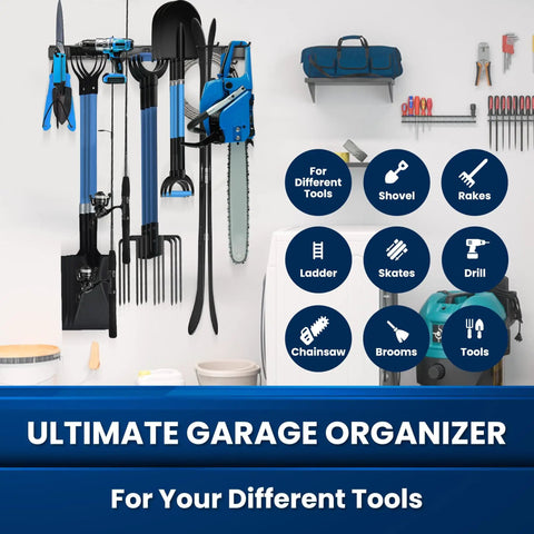 64 Inch All Metal Garage Tool Organizer Wall Mount Heavy Duty Tool Rack Holds 680 Lbs With Adjustable Hooks For Garage Yard And Garden Equipment Easy Access And Extra Storage For Cords Tools And Accessories, shown in a garage setting with tools organized.