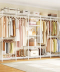 Extra Large Industrial Pipe Clothing Rack With Five Tier Shelves And Hanging Rods Freestanding Portable Closet Organizer System 88.6 Inches Wide Beefed Up Heavy Duty Wardrobe Holds Up To 1300 Lbs White installed in a bedroom.