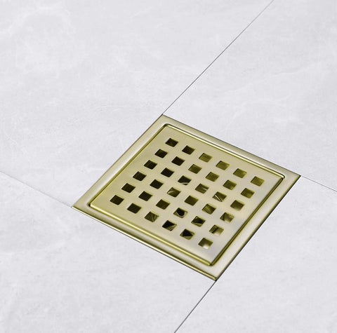 4 Inch Square Shower Drain With Adjustable Base Flange In SUS 304 Stainless Steel Removable Grid Cover Sleek Brushed Gold Finish Scratch Resistant Floor Drain For Bathrooms And Showers Easy Clean Upgrade For Modern Wet Areas