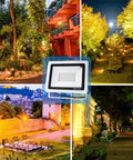 JUDYSSY 30/50/100 W Led Floodlight Outdoor, 95Lm/W Colour Changing Flood Light, 30W, 100W shown in various outdoor settings.