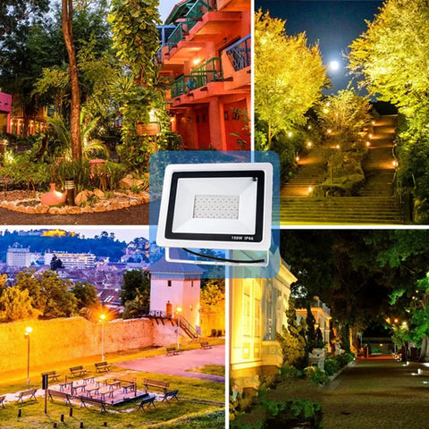 JUDYSSY 30/50/100 W Led Floodlight Outdoor, 95Lm/W Colour Changing Flood Light, 30W, 100W shown in various outdoor settings.