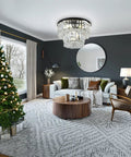 Modern Glam Crystal Raindrop Flush Mount Chandelier With Four Lights For Living Room Dining Room Bedroom Bathroom Hallway Closet Totally Chic And More D13 x H9.65 Inches Easy Install Edison Style Bulb Compatible Bulbs Not Included in holiday-decorated living room.