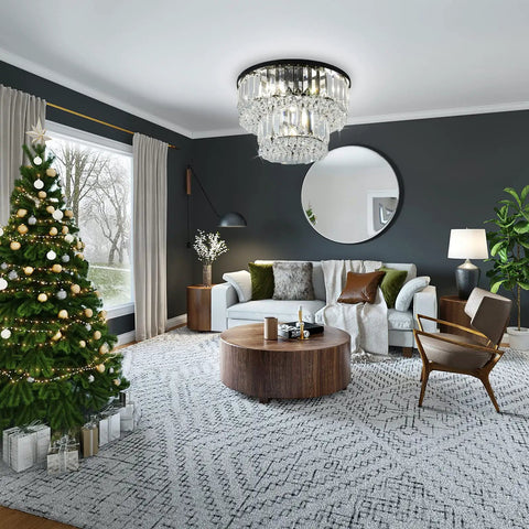 Modern Glam Crystal Raindrop Flush Mount Chandelier With Four Lights For Living Room Dining Room Bedroom Bathroom Hallway Closet Totally Chic And More D13 x H9.65 Inches Easy Install Edison Style Bulb Compatible Bulbs Not Included in holiday-decorated living room.