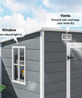 No Nonsense 8x4 Outdoor Storage Shed Made Of Waterproof Resin Plastic with window and vent details shown in gray