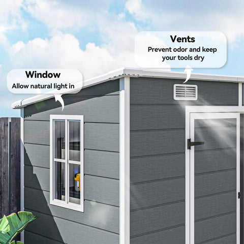 No Nonsense 8x4 Outdoor Storage Shed Made Of Waterproof Resin Plastic with window and vent details shown in gray