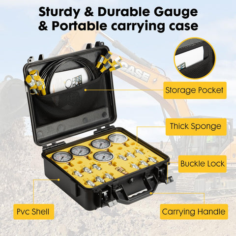 Beefed Up Heavy Duty Hydraulic Pressure Test Kit With Five Gauges, Twelve Test Couplings, Fourteen Tee Connectors, Five Test Hoses, And Sturdy Carrying Case For Excavators And Construction Machinery
