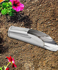 Silver stainless steel scoop from Three Size Bonsai Soil Scoops Set For Transplanting And Potting Plants Workhorse Metal Spade Shovels.