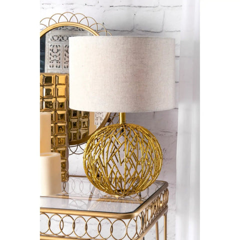 Camden 20 Inch Iron Table Lamp with Drum Shade, gold finish on decorative table with mirror background, modern industrial vibe.