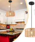 Woven Pendant Light Boho Chandelier With Hemp Rope And Rattan Elements in kitchen, 15.7 inch diameter, bulb shown