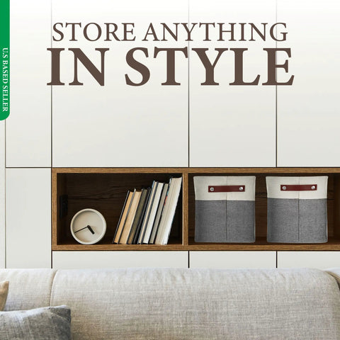 Two gray and white fabric cube storage bins on a shelf next to books, showcasing Fabric Cube Storage Bins Four Pack 10 Inch By 10 Inch.
