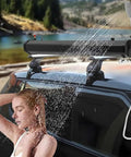 Road Trip Ready Portable Camping Shower With Roof Rack Mount And Pressurized Water Tank on car, woman using shower
