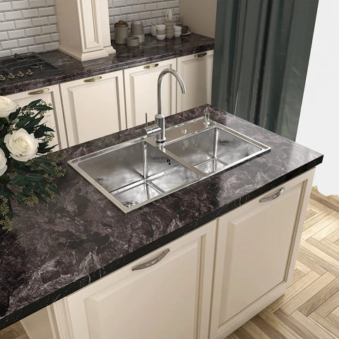 Dark Emperador Marble Self Adhesive Contact Paper 24x160 Inch Peel And Stick Countertop Wallpaper on kitchen island