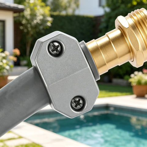 Heavy Duty Garden Hose Repair Kit With Zinc Alloy Clamps And Aluminum Fittings For 5/8 And 3/4 Inch Hoses Includes Male Female Connectors Plus Stainless Screws And Rubber Washers To Fix Leaks Fast, close-up on hose connector