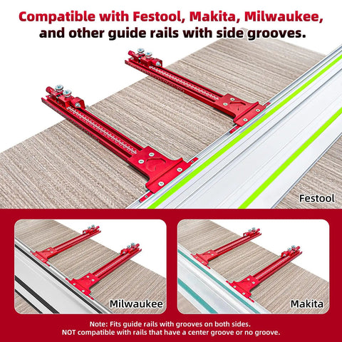 Go Ahead And Nail Those Perfect Board Cuts With This Premium Complete Track Saw Parallel Guide System Extending 0 To 68 Inches Featuring Micro Adjustable Flip Stops on Festool, Milwaukee, and Makita rails.