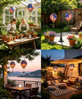 Solar Hot Air Balloon Lantern With Flickering Flame, Glass Outdoor Hanging Lantern For Patio Porch Yard, displayed in garden settings