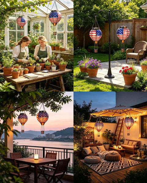 Solar Hot Air Balloon Lantern With Flickering Flame, Glass Outdoor Hanging Lantern For Patio Porch Yard, displayed in garden settings
