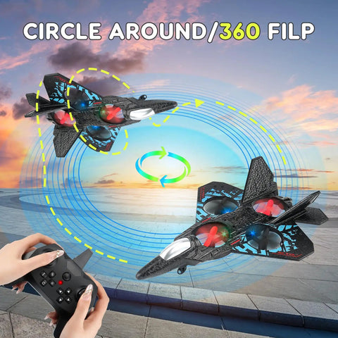 Dual Mode RC Airplane Toy With Watch Remote 2025 Fighter Jet 360 Flip Stunts in action with remote control demonstration