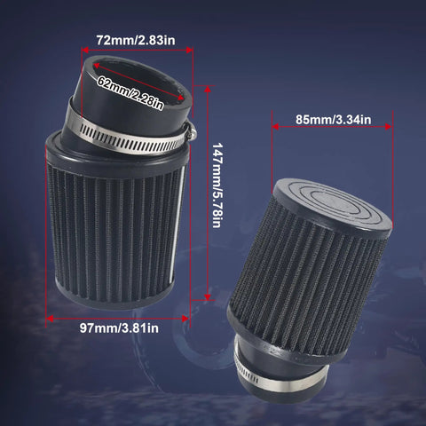 62mm Inlet Air Filter For Predator 212cc 196cc 6.5HP Engines and Honda GX160 GX200 shown with dimensions and black mesh design