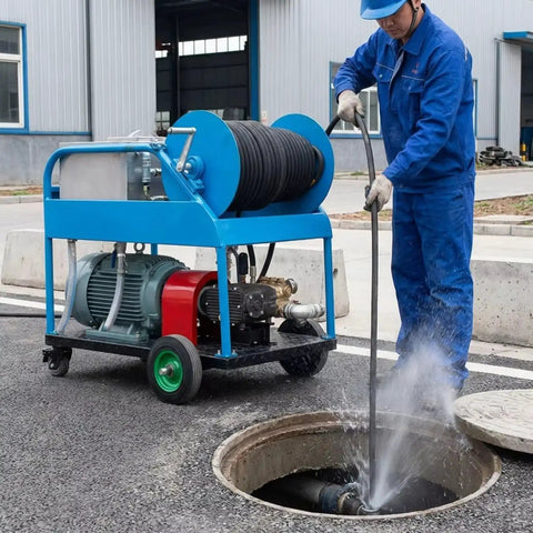 Industrial Heavy Duty Drain Cleaner With 120m Hose For Sewer Cleaning Pipe Cleaning System in use by worker at site