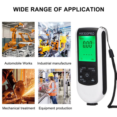 Pro Grade Auto Paint Coating Thickness Gauge With Ultra High Probe For Spot-On Car Paint Measurements 0 To 2000 Micrometers, Dual Principle Sensor, Easy Readout, Field Ready Finish Inspection Tool shown for automotive, industrial use