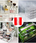 Four Pack Clear Self Adhesive Acrylic Hinges With Continuous Piano Design, No Drill Needed For Crafts Or Aquarium Lids, Rust Proof 65 By 40 Mm Hardware on display with clear storage organizers.