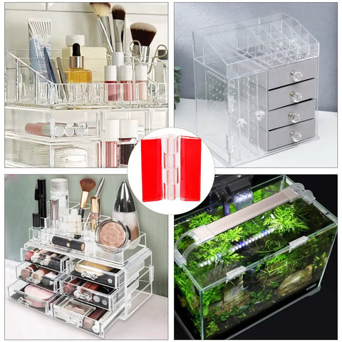 Four Pack Clear Self Adhesive Acrylic Hinges With Continuous Piano Design, No Drill Needed For Crafts Or Aquarium Lids, Rust Proof 65 By 40 Mm Hardware on display with clear storage organizers.