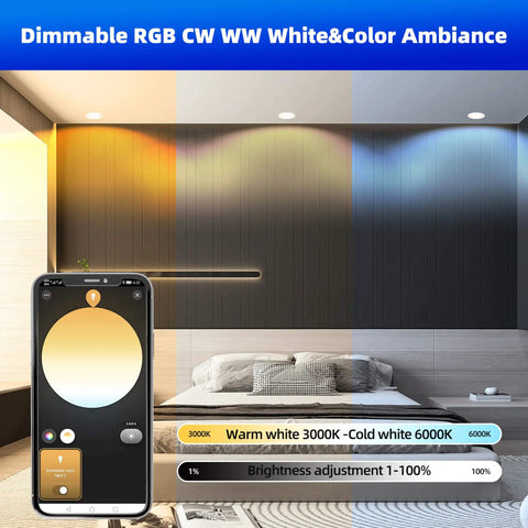GIDEALED 4 Pack Smart Recessed Lighting 4 inch, showcasing RGB color change and brightness control on smartphone app.