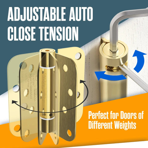 Spring Loaded Self Closing Door Hinges 4 Inch Auto Close Kit With Adjustable Tension Brass Five Eighths Radius Corner