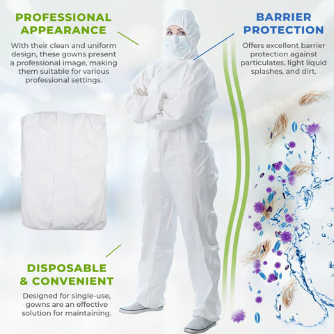 Microporous Disposable Coveralls with Hood for Men and Women Size X Large Pack of 5 shown on person, featuring protective suit design.