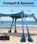 Easy Up Beach Tent Sun Shelter With UPF50 UV Protection 10 By 10 Ft Pop Up Canopy for beach with carry bag displayed on sand.