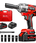 Cordless Impact Wrench With 650 Nm Torque And 3300 RPM One Half Inch Drive Brushless Motor 4.0 Ah Battery Six Sockets Fast Charger Heavy Duty Beast Mode Impact Gun For Trucks And Cars displayed with accessories.