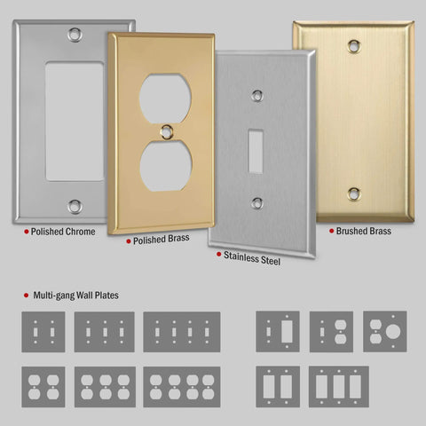 Toggle Light Switch Wall Plate, Metal 3-Gang 4.50 x 6.38 Inches, Brass Gold Finish, Polished and Brushed Variants Display
