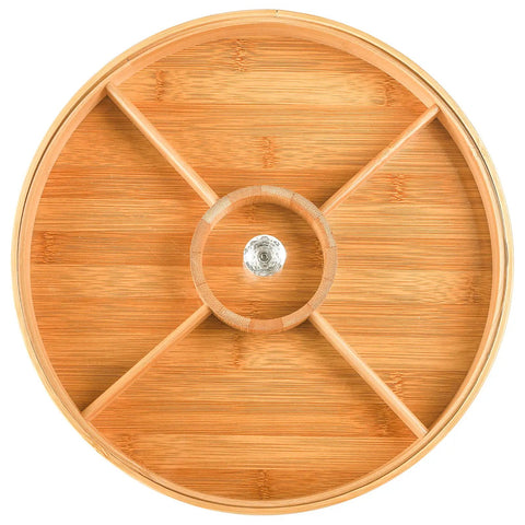 Top Grade Bamboo Serving Platter With Built-In Dividers, 12 Inch Snack Board For Fresh Fruit And Nuts, Circular bamboo platter with dividers.