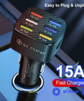 Multiport Car Charger Adapter With QC 3.0 Fast Plug Hub And Universal USB Power in a car socket, featuring six USB ports.