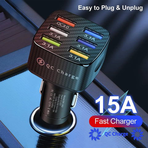 Multiport Car Charger Adapter With QC 3.0 Fast Plug Hub And Universal USB Power in a car socket, featuring six USB ports.
