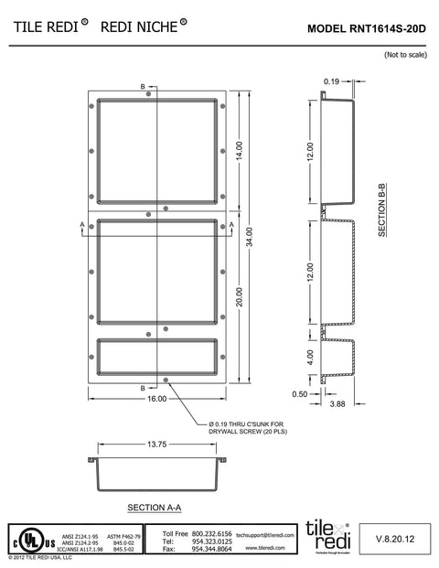 Technical diagram of Triple Niche Recessed Shower Shelf with three built-in shelves, 16"W x 34"H x 4"D, showing installation dimensions.