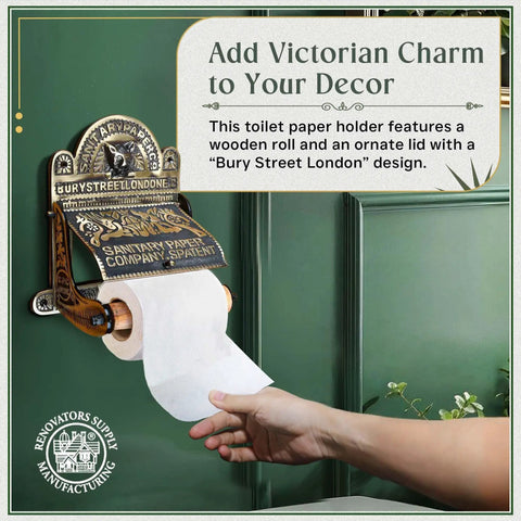 Antique Brass Wall Mount Toilet Paper Holder With Lid 6.9 Inch Wide Victorian Style featuring ornate lid and Bury Street London design.