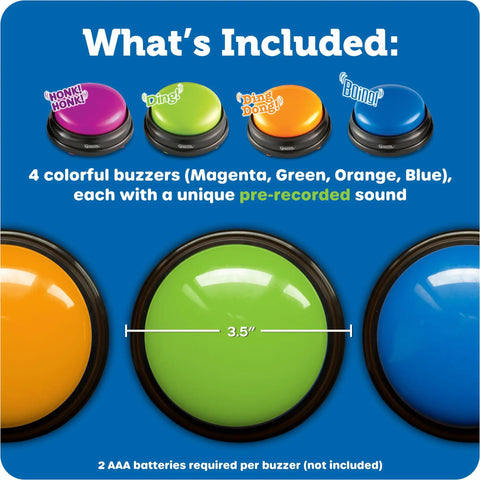 Answer Buzzers For Classroom Games And Trivia Colorful Sound Effect Buttons For Kids Family Showdowns And Quiz Participation Tools Perfect For Teachers Parties And Birthday Gifts showing colorful buzzers with unique sounds, size 3.5".