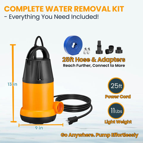 Powerful Submersible Water Pump With 25 Ft Hose Kit and 25 Ft Power Cord One and a Half HP 4000 GPH utility