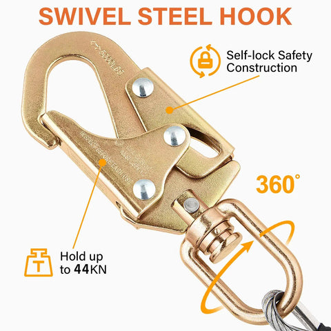 Swivel snap hook of 8ft Galvanized Steel Wire Core Flipline Lanyard Kit For Arborist Climbing And Fall Protection, Half Inch Cable